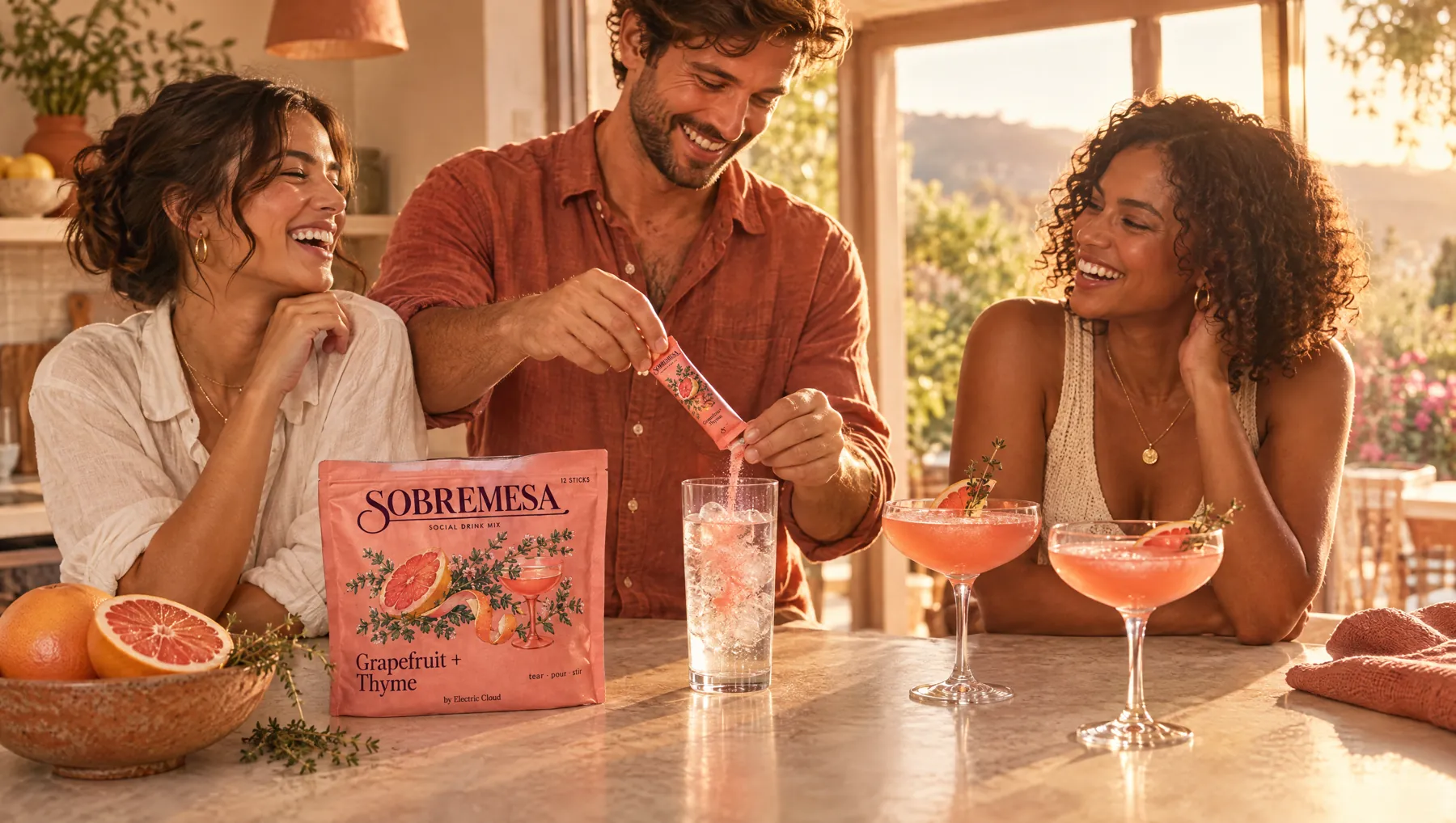 Three friends around a kitchen island at golden hour, one tearing a Sobremesa stick over a glass of iced water